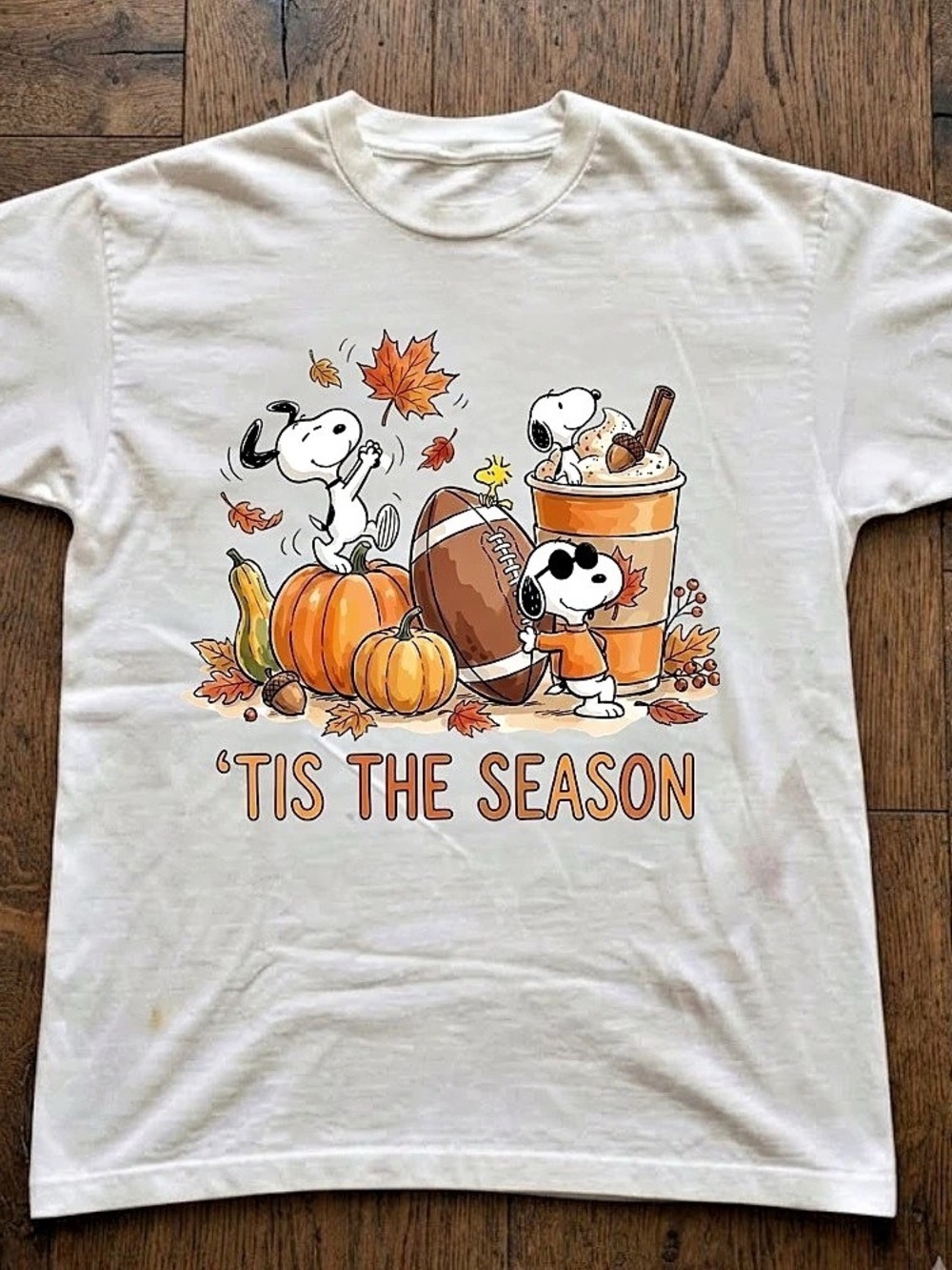Peanuts Snoopy Football Pumpkin Spice Coffee Fall Vintage White T-Shirt